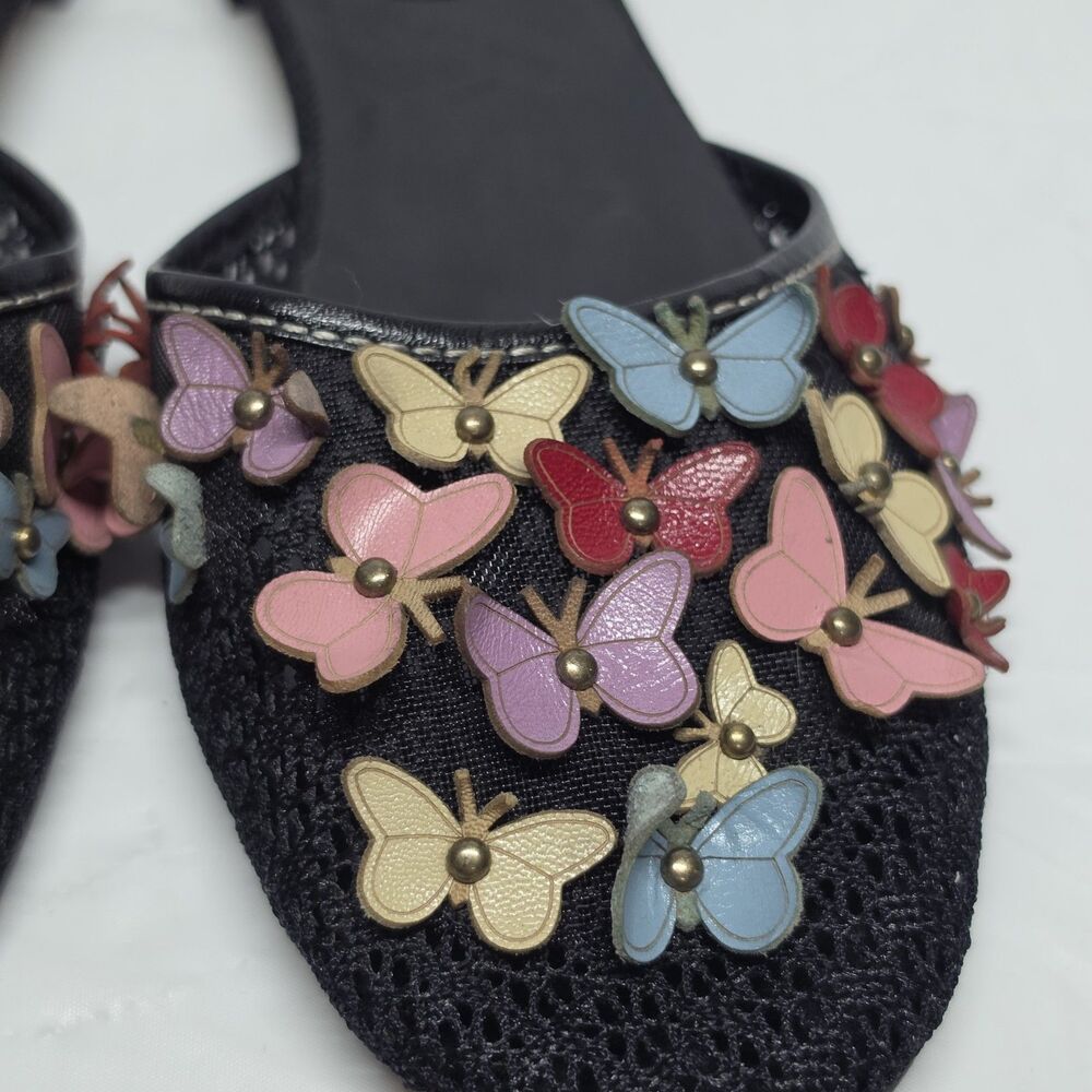 Vintage 90s Y2K Max Studio Black Mules Leather Butterflies Accent Women's 7.5 - Picture 2 of 10